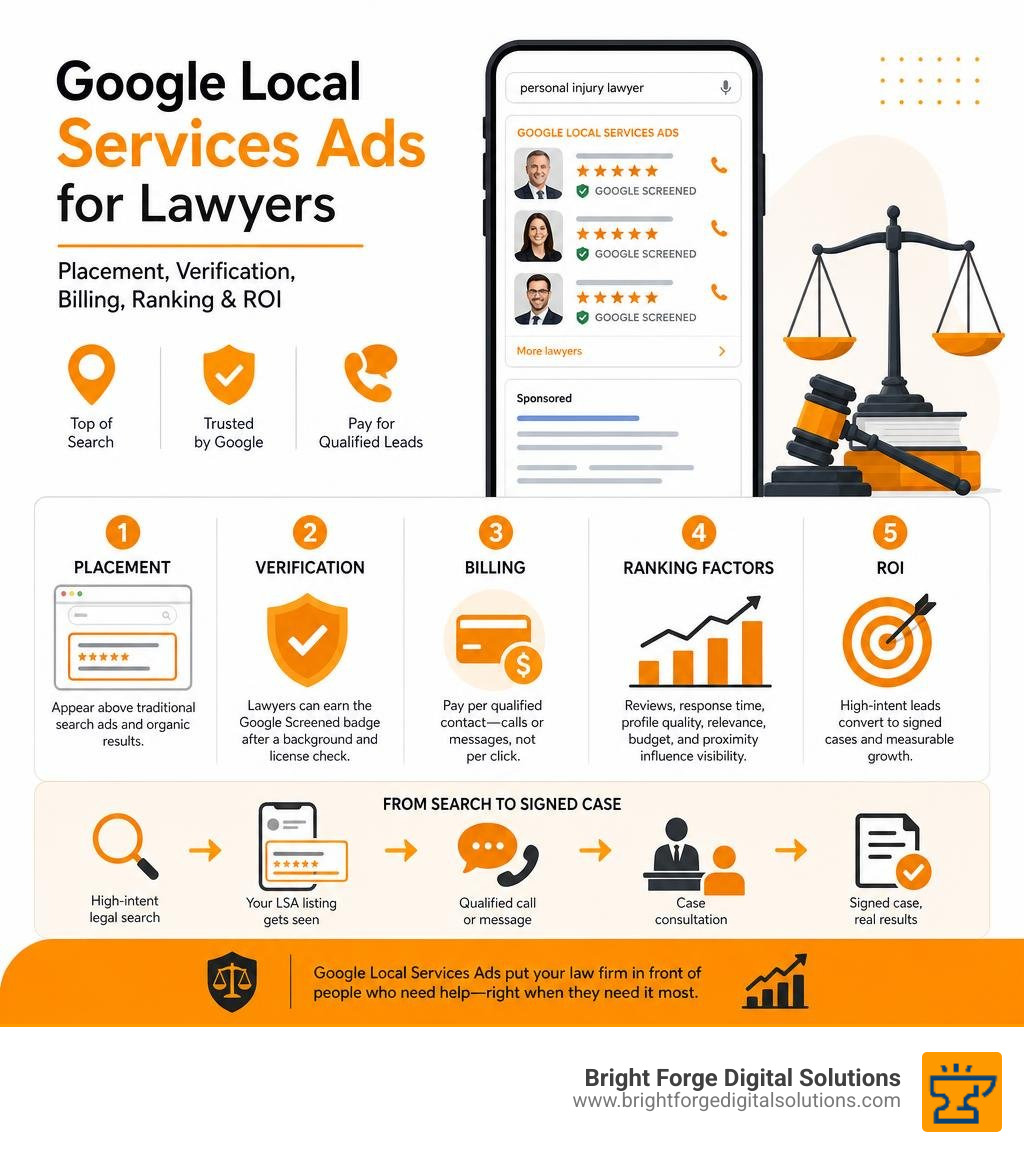 Google Local Services Ads for lawyers: placement, verification, billing, ranking, and ROI infographic Google Local Services Ads for lawyers: placement, verification, billing, ranking, and ROI infographic