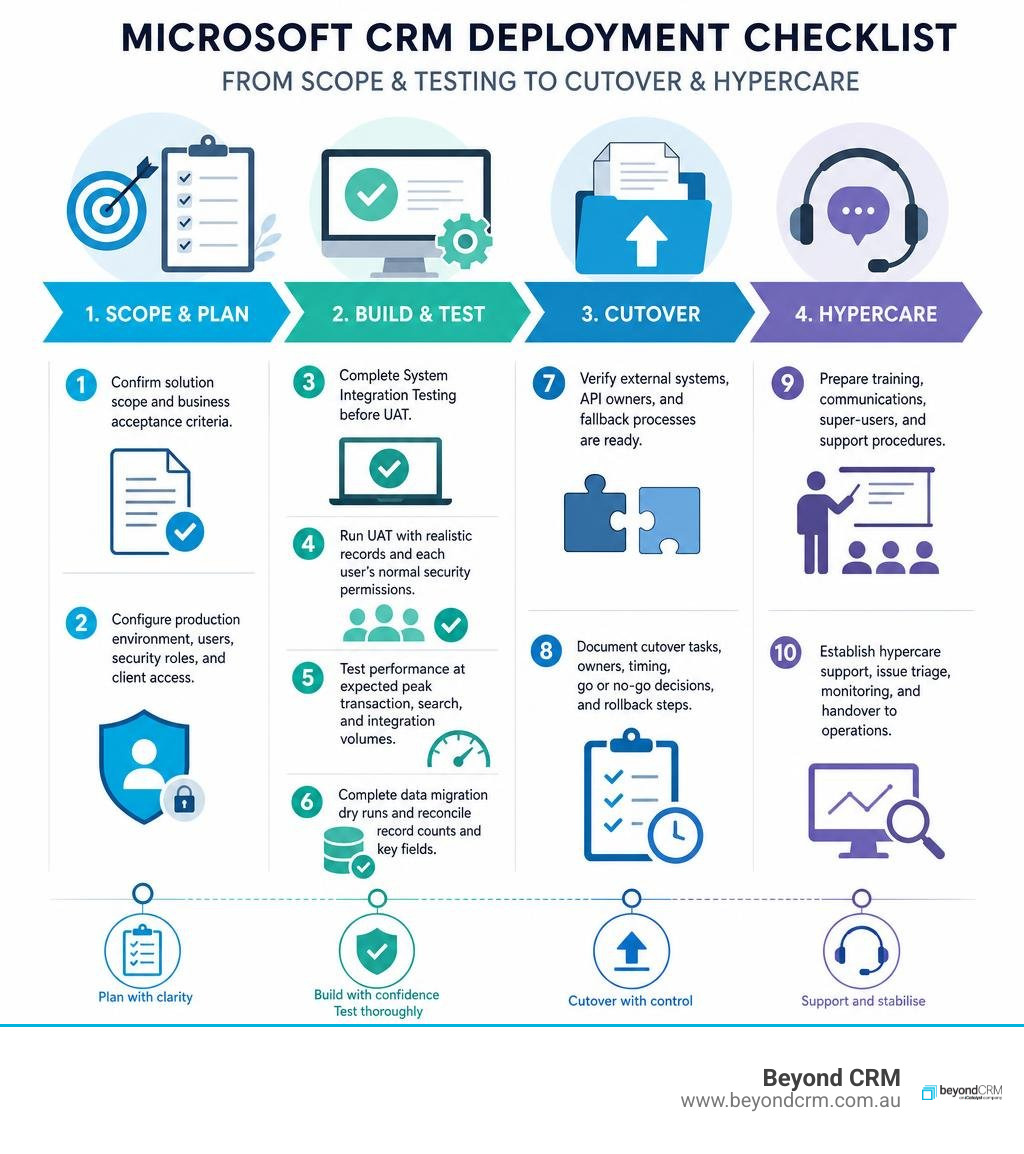 Dynamics 365 go-live checklist phases from scope and testing to cutover and hypercare infographic Dynamics 365 go-live checklist phases from scope and testing to cutover and hypercare infographic
