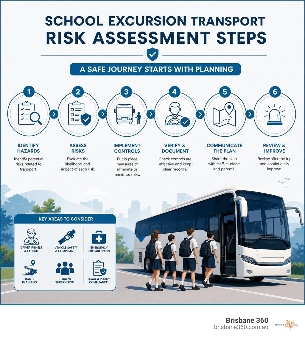 Infographic showing key school excursion transport risk assessment steps for Queensland schools infographic