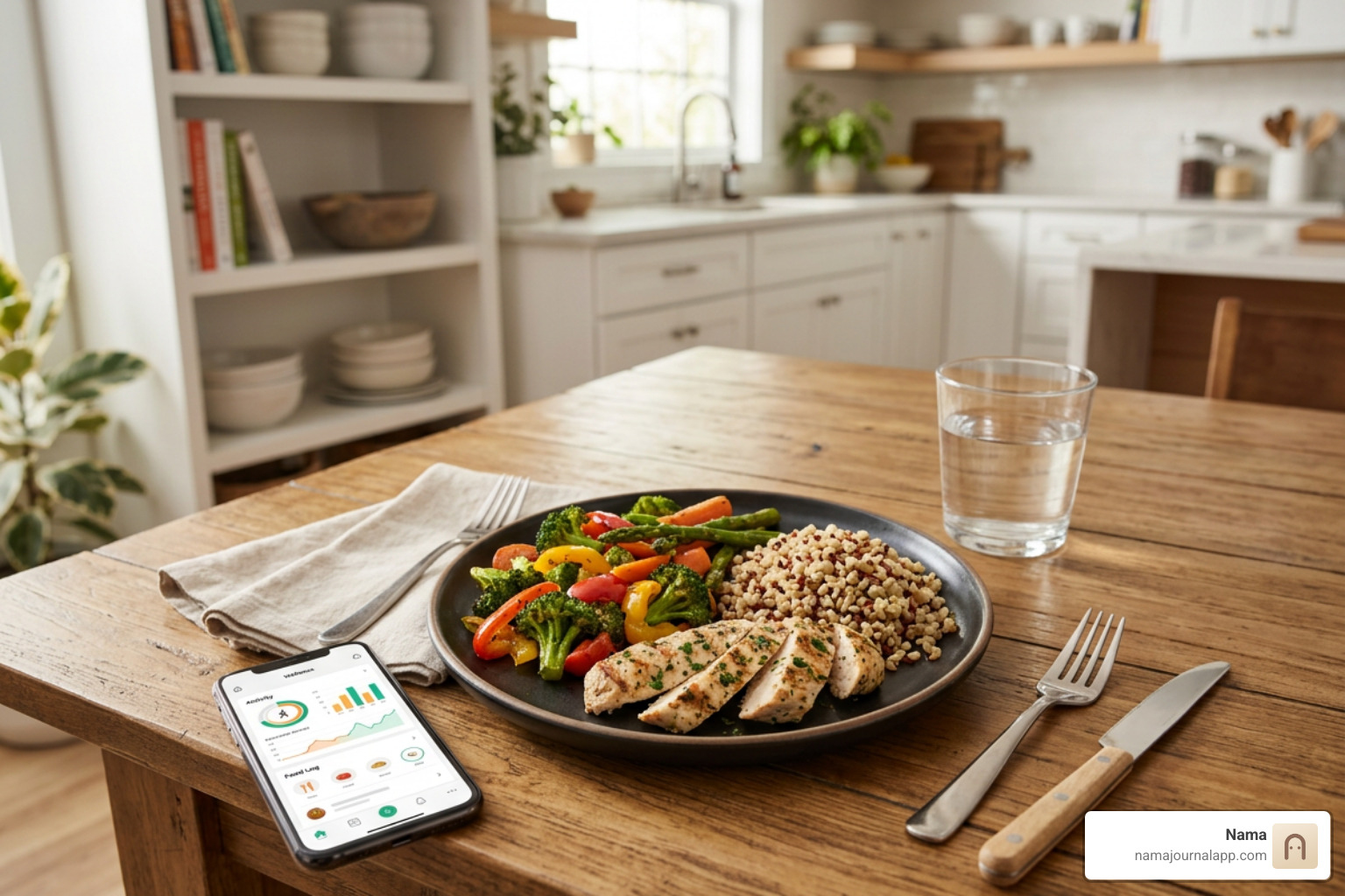 A nutrient-dense meal plate alongside a mobile wellness journal A nutrient-dense meal plate alongside a mobile wellness journal