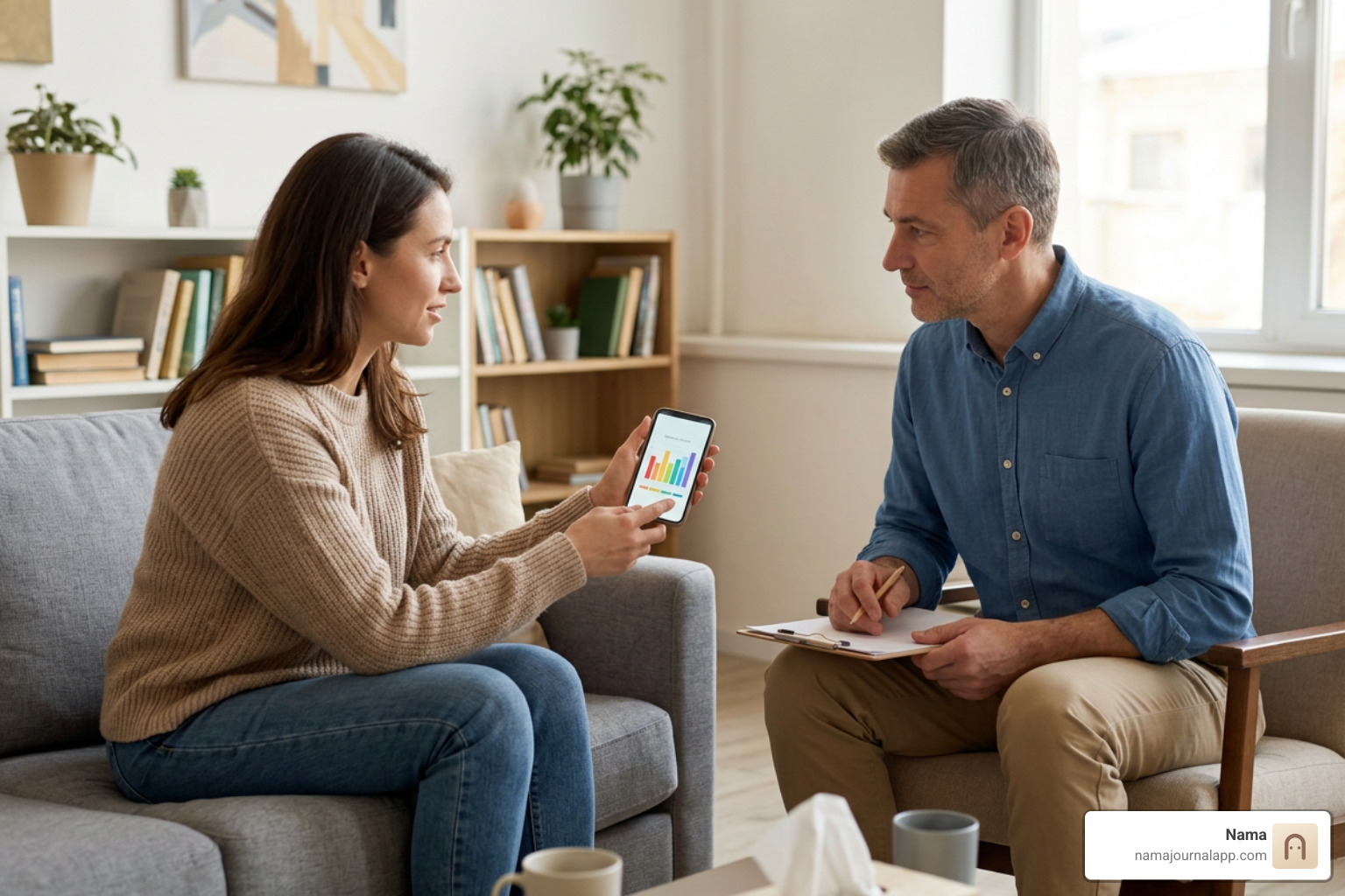 Client sharing exported health charts during a therapy appointment Client sharing exported health charts during a therapy appointment