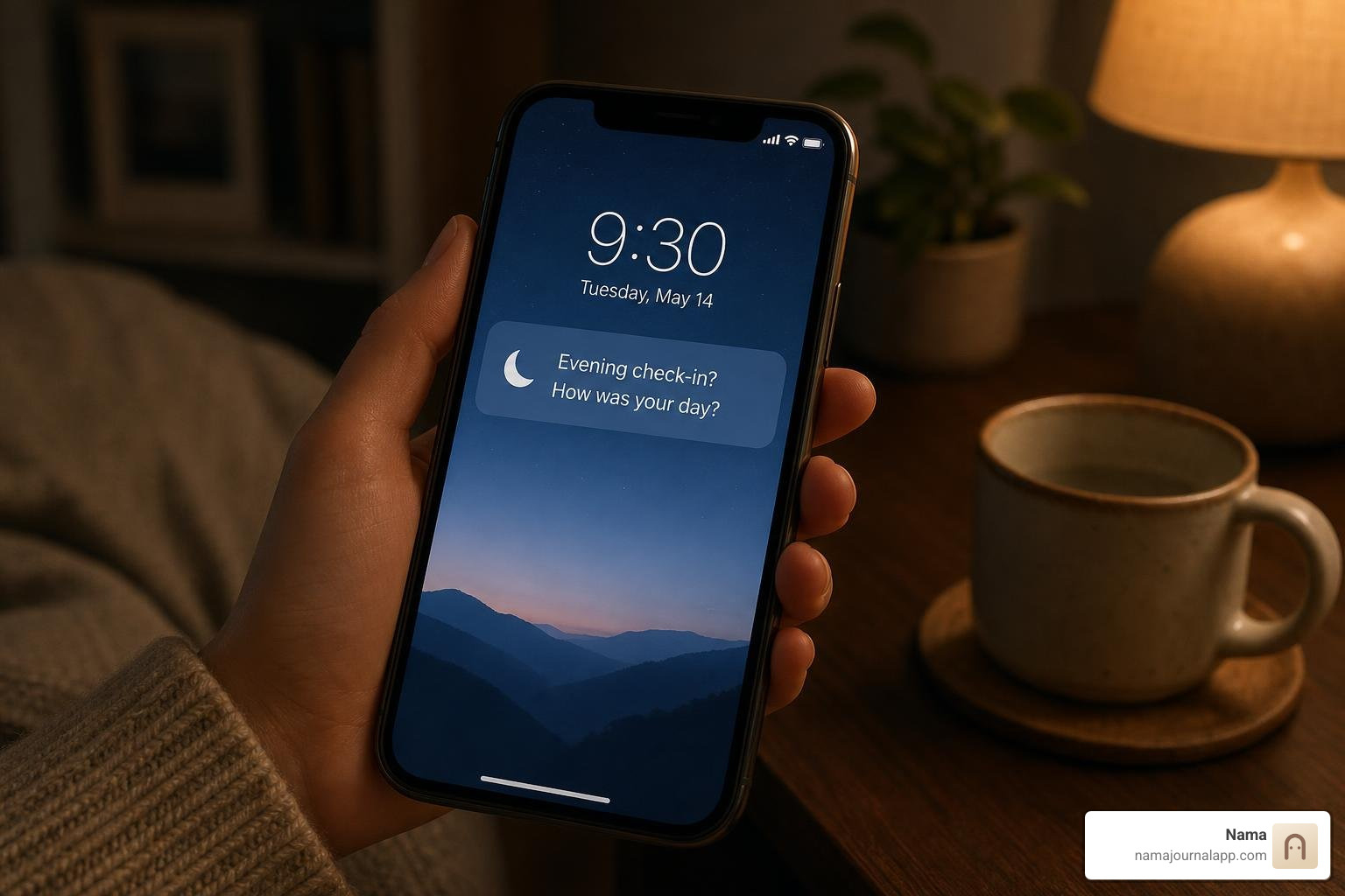 Mobile notification screen showing a gentle reminder for a daily evening mood check-in Mobile notification screen showing a gentle reminder for a daily evening mood check-in