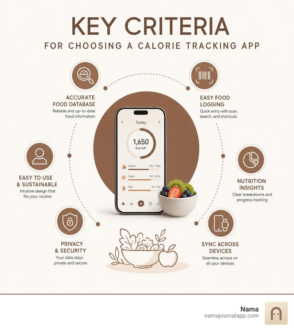 Key criteria for choosing a calorie tracking app infographic Key criteria for choosing a calorie tracking app infographic