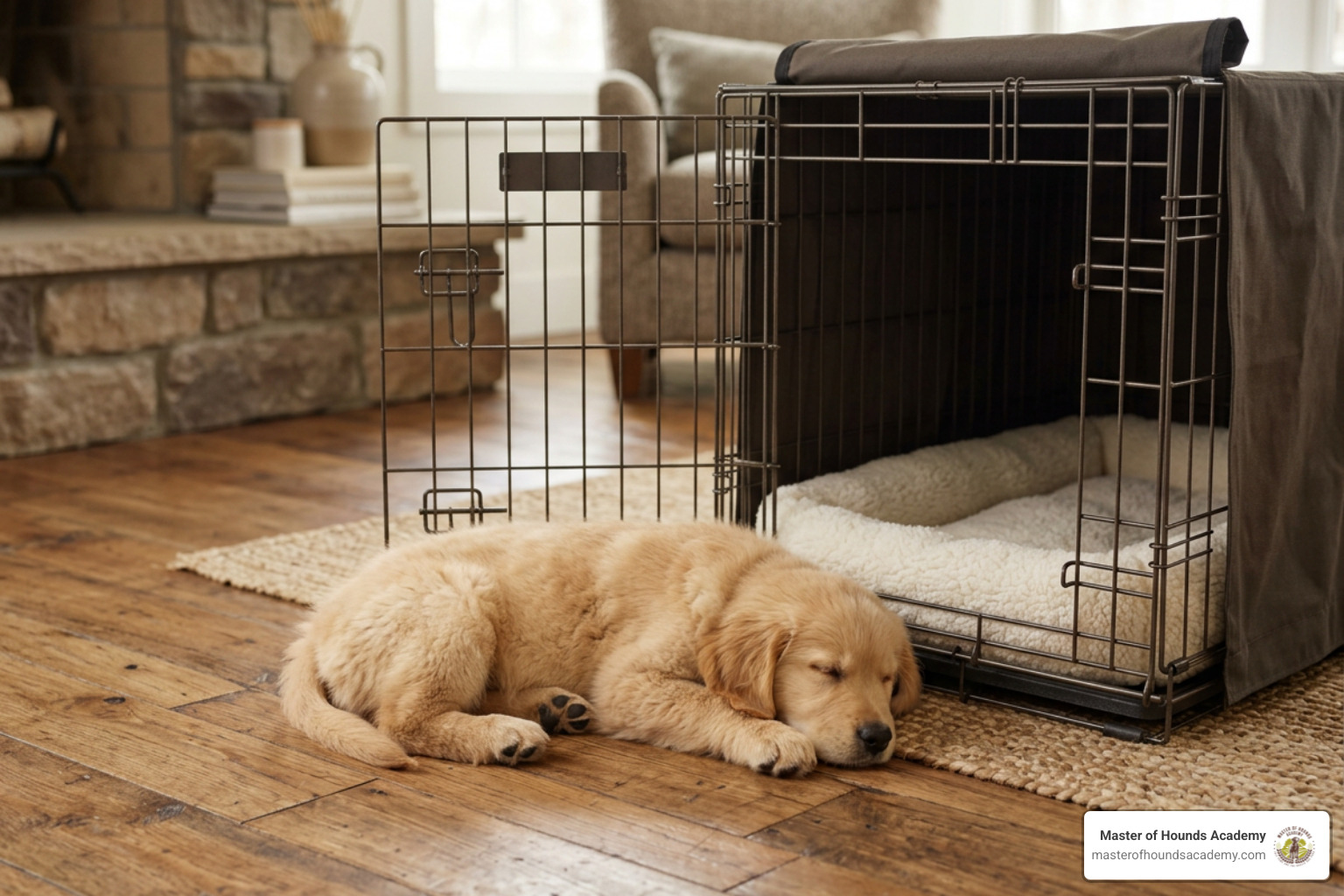 puppy resting near crate puppy resting near crate