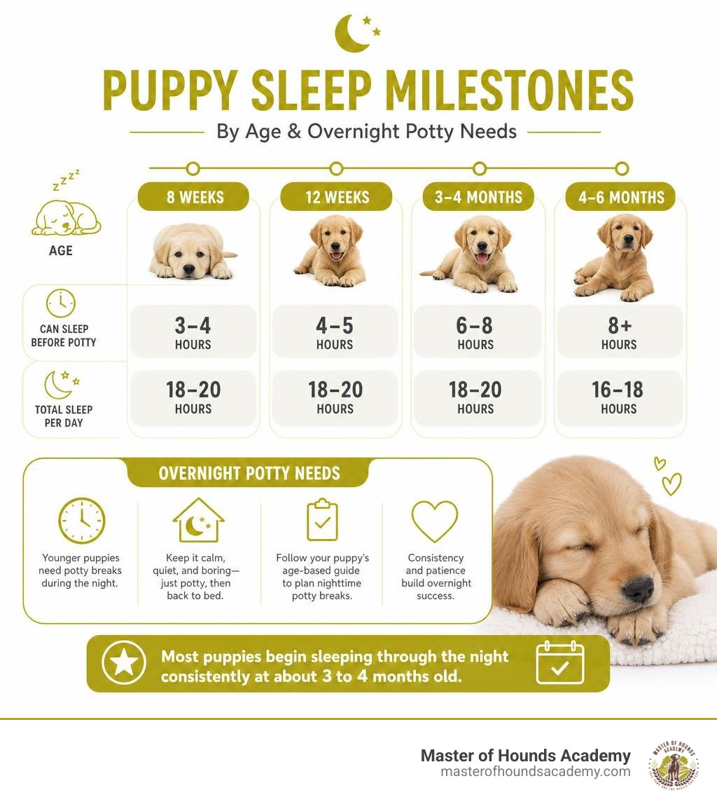 Puppy sleep milestones by age and overnight potty needs infographic Puppy sleep milestones by age and overnight potty needs infographic