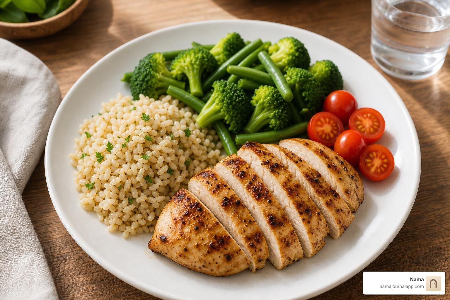 healthy balanced plate with lean protein, complex carbs, and green vegetables healthy balanced plate with lean protein, complex carbs, and green vegetables