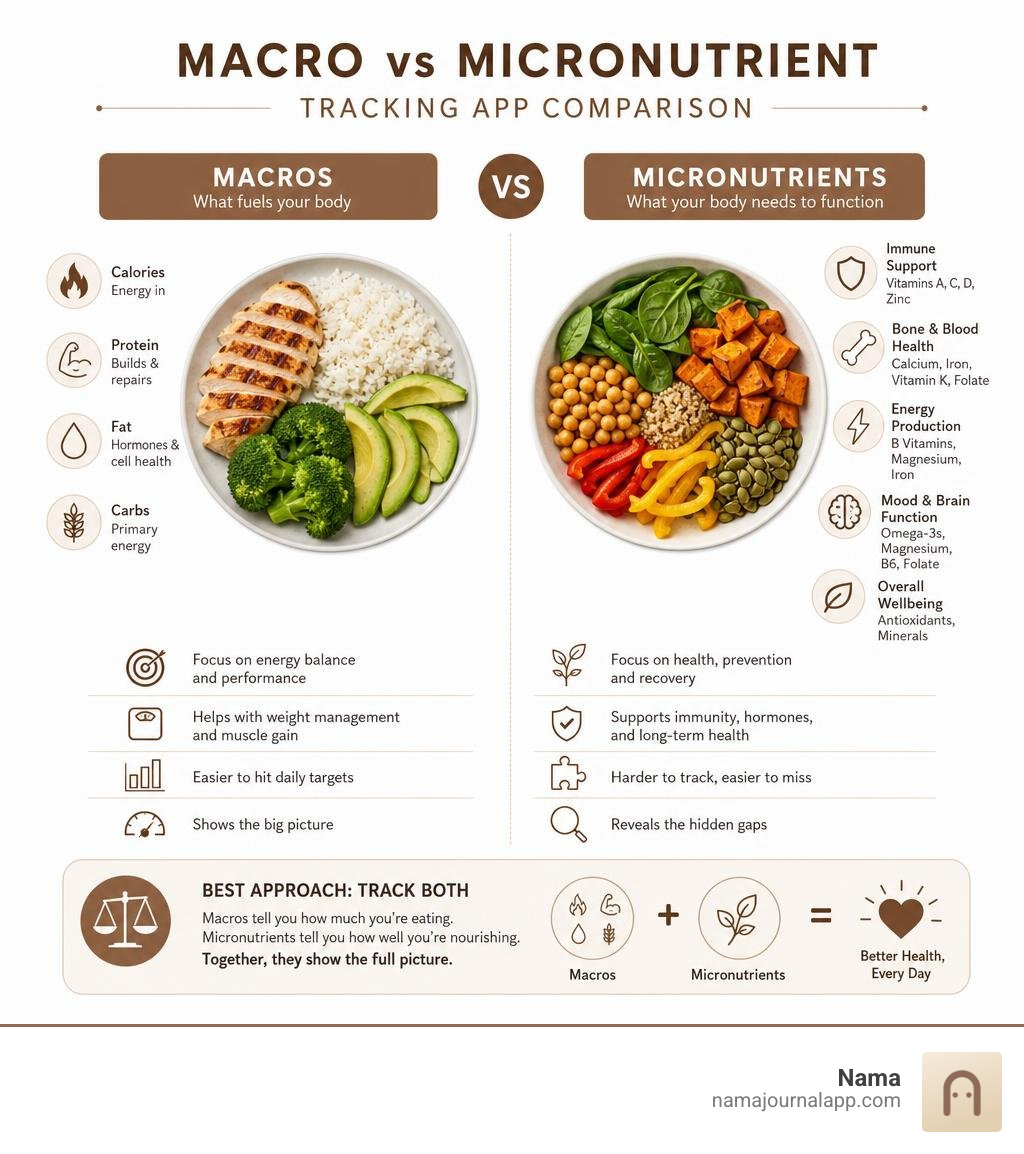 Macro versus micronutrient tracking app comparison infographic Macro versus micronutrient tracking app comparison infographic
