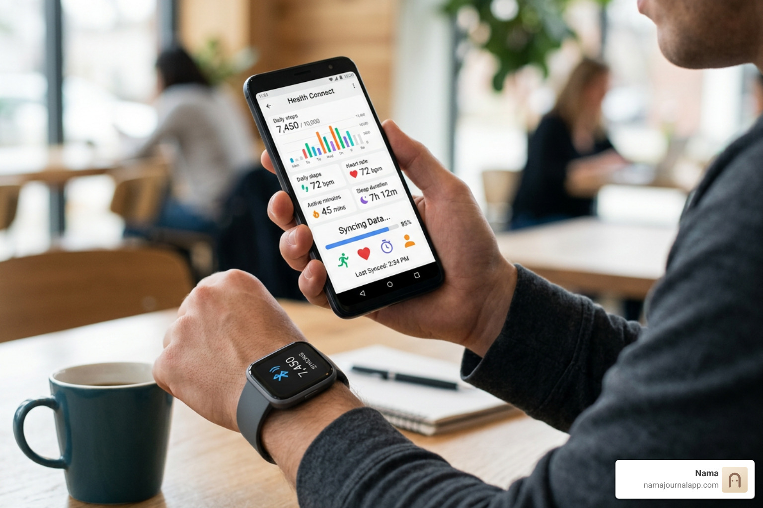 Smartwatch syncing health metrics with an Android smartphone Smartwatch syncing health metrics with an Android smartphone