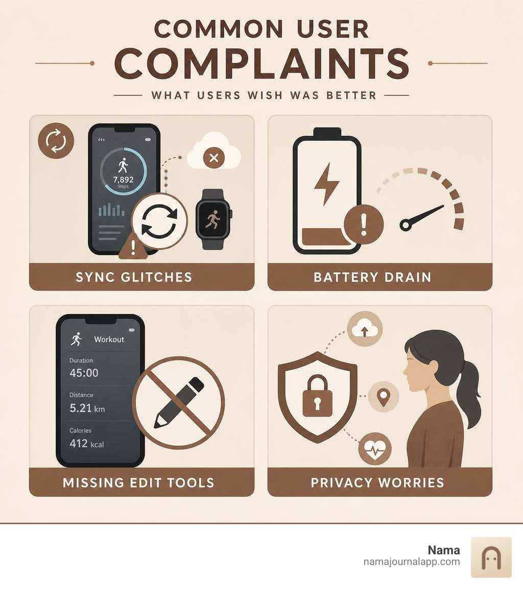 Infographic displaying common user complaints including sync glitches, battery drain, missing edit tools, and privacy Infographic displaying common user complaints including sync glitches, battery drain, missing edit tools, and privacy
