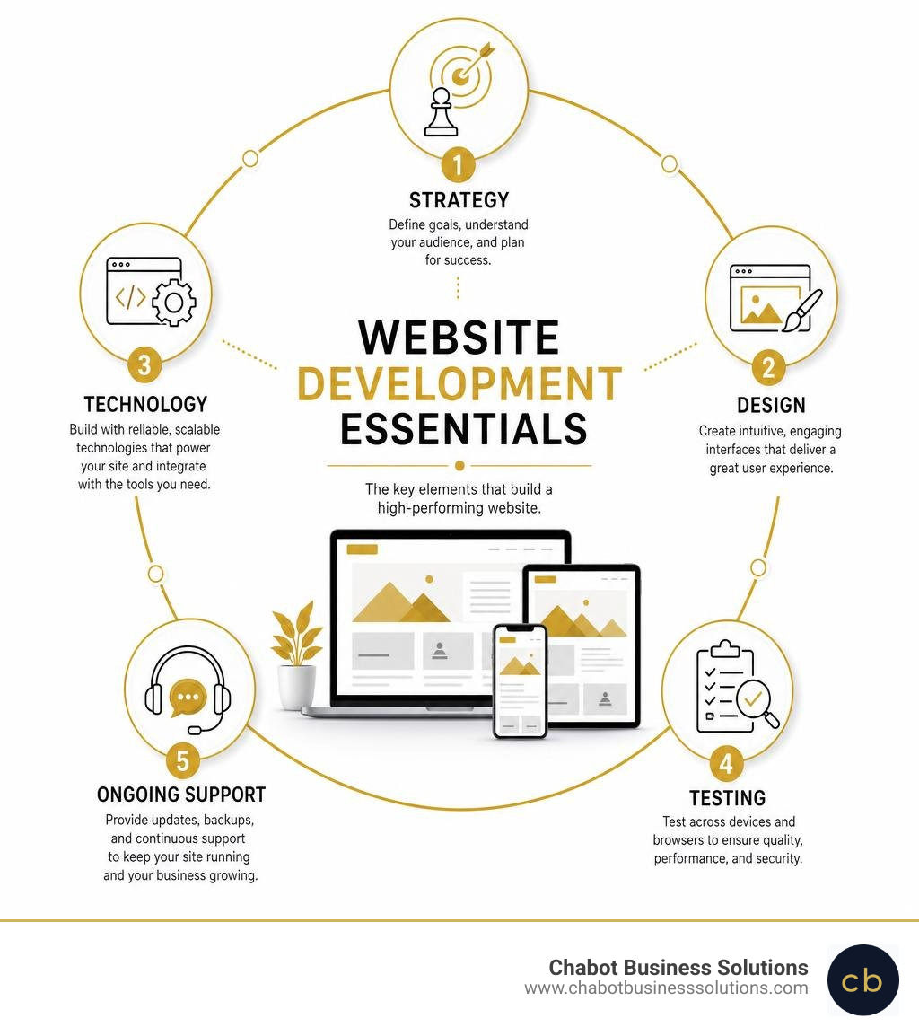 Website development essentials: strategy, design, technology, testing, and ongoing support infographic Website development essentials: strategy, design, technology, testing, and ongoing support infographic