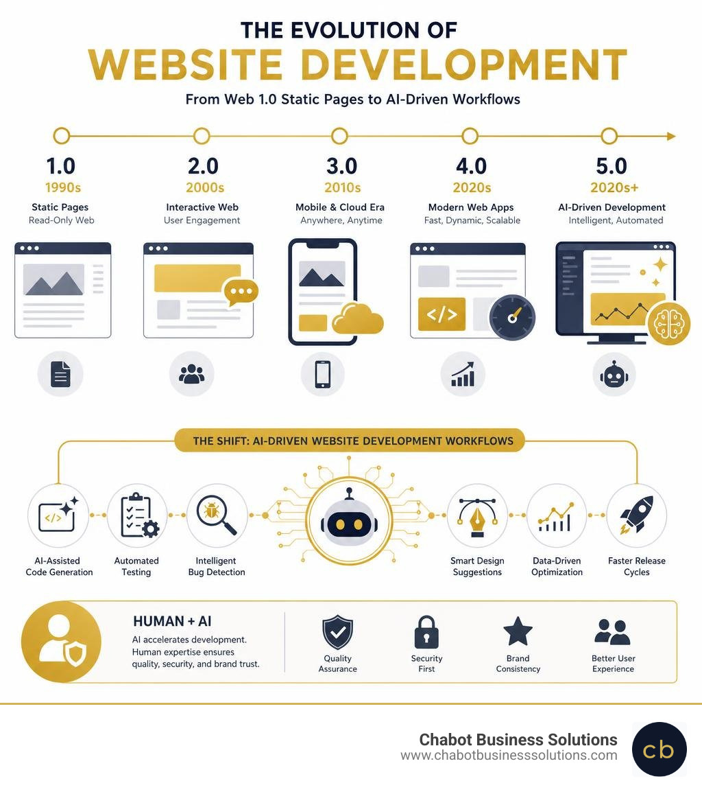 Evolution from Web 1.0 static pages to AI driven website development workflows infographic Evolution from Web 1.0 static pages to AI driven website development workflows infographic