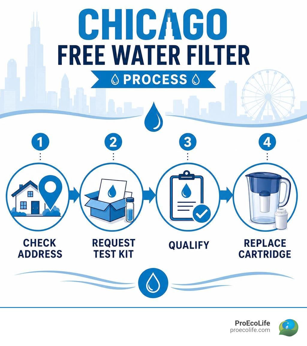 Chicago water filter process: check address, request test kit, qualify, replace cartridge infographic Chicago water filter process: check address, request test kit, qualify, replace cartridge infographic