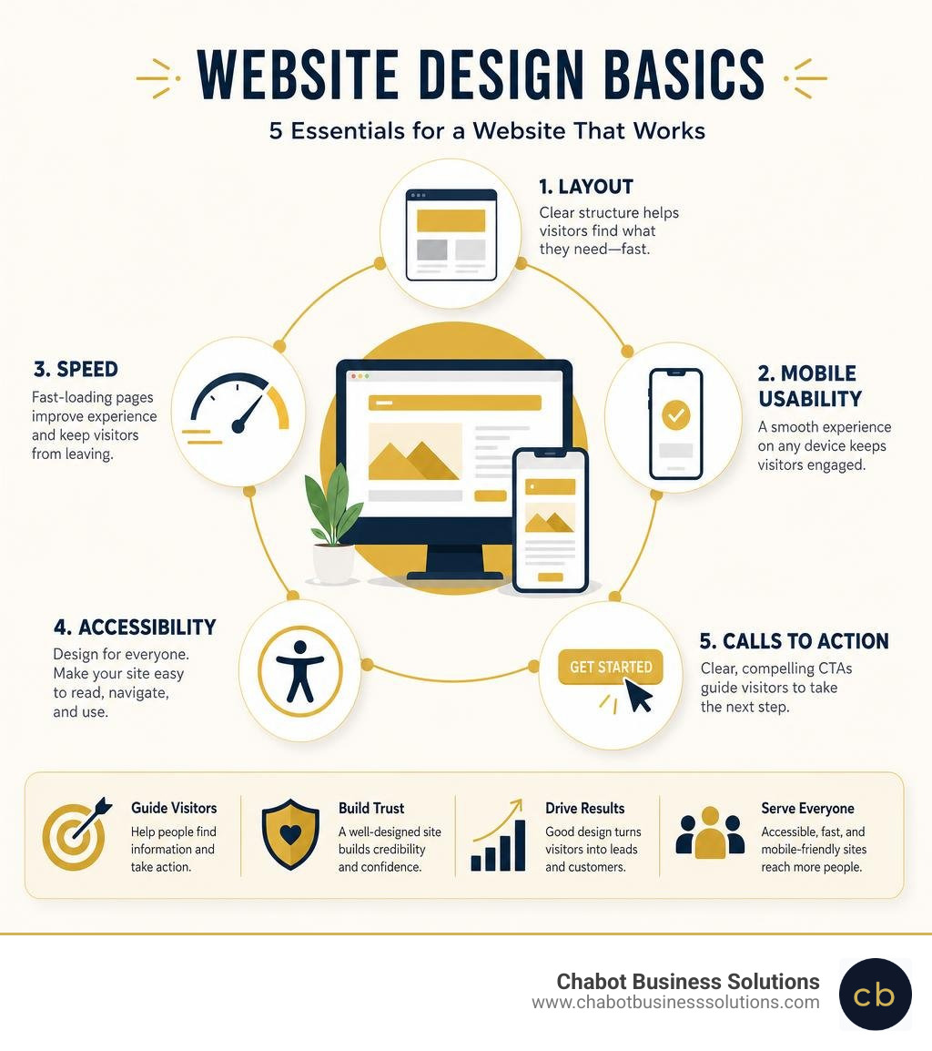 Website design basics: layout, mobile usability, speed, accessibility, and calls to action infographic Website design basics: layout, mobile usability, speed, accessibility, and calls to action infographic