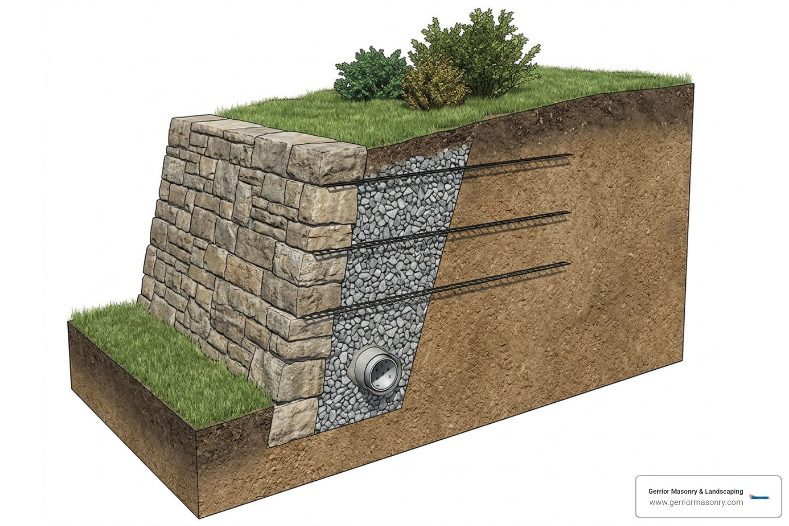 Crushed stone drainage aggregate and perforated pipe behind a battered wall