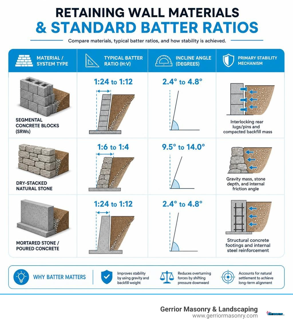 Comparison table of retaining wall materials and standard batter ratios infographic