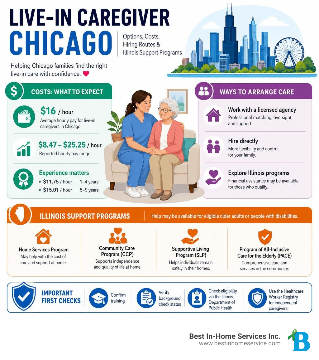 Chicago live-in caregiver options, costs, hiring routes, and Illinois support programs infographic
