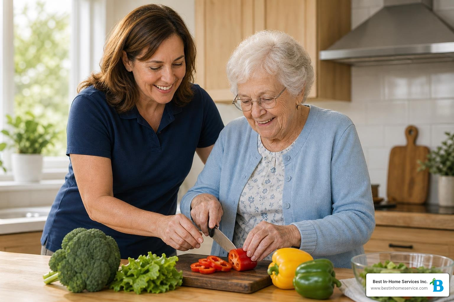 Caregiver assisting a senior with healthy meal preparation in a bright home kitchen