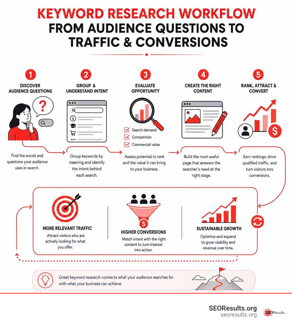 Keyword research workflow from audience questions to traffic and conversions infographic