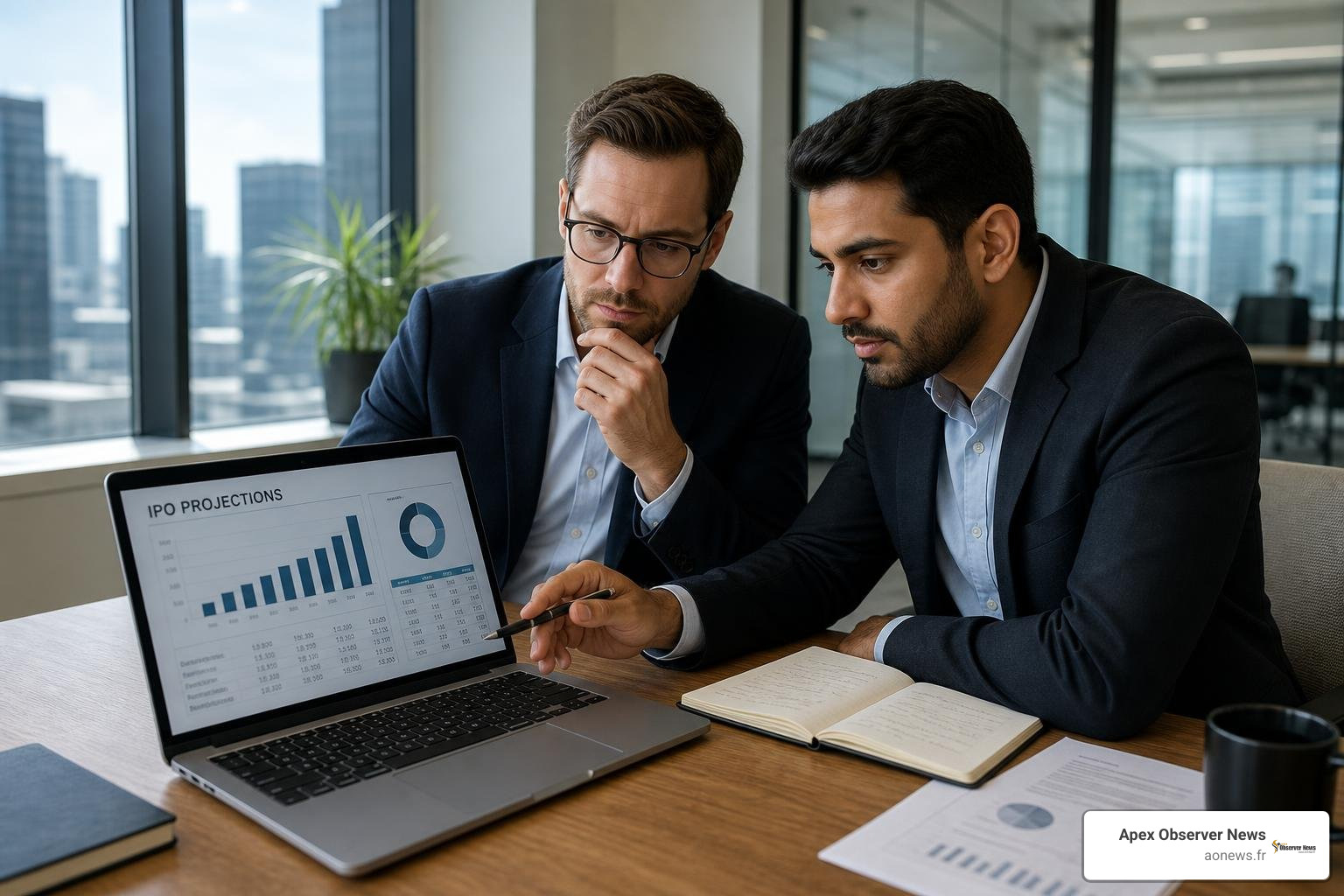 Venture capital partners analyzing company IPO financial projections Venture capital partners analyzing company IPO financial projections