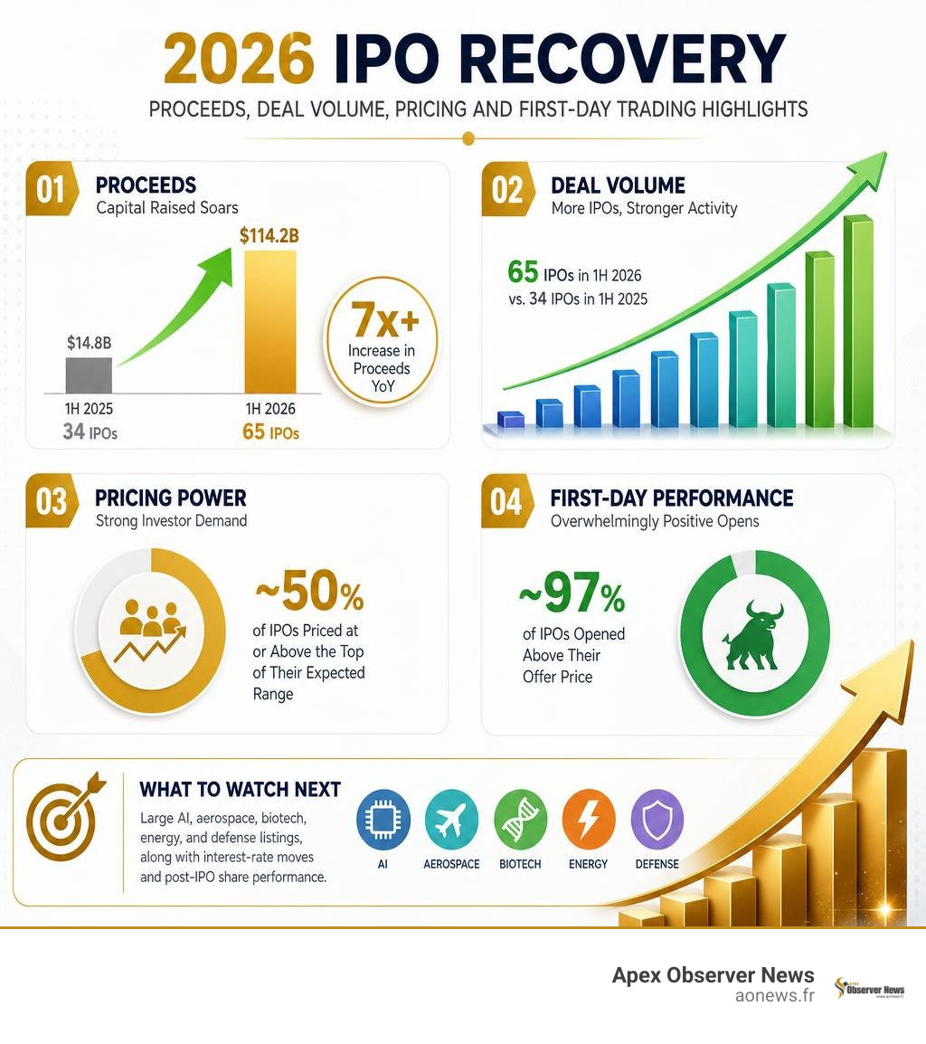 2026 IPO recovery: proceeds, deal volume, pricing and first-day trading highlights infographic 2026 IPO recovery: proceeds, deal volume, pricing and first-day trading highlights infographic