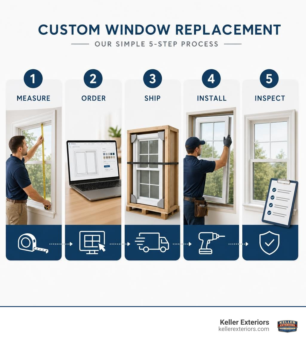 Custom window replacement ordering process: measure, order, ship, install, inspect infographic
