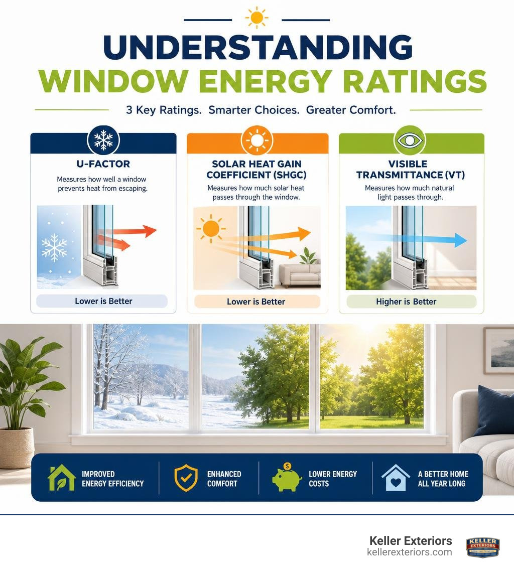 Infographic explaining window energy ratings: U-Factor, Solar Heat Gain Coefficient, and Visible Transmittance infographic