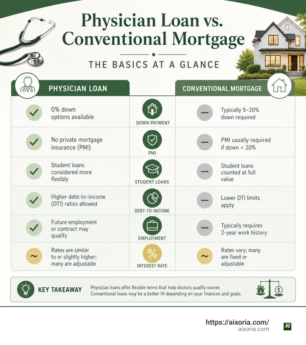 Infographic comparing physician loan and conventional mortgage basics infographic