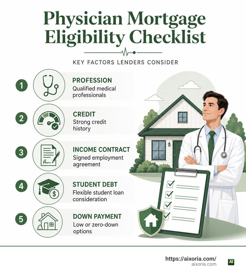 Physician mortgage eligibility checklist: profession, credit, income contract, student debt, down payment infographic