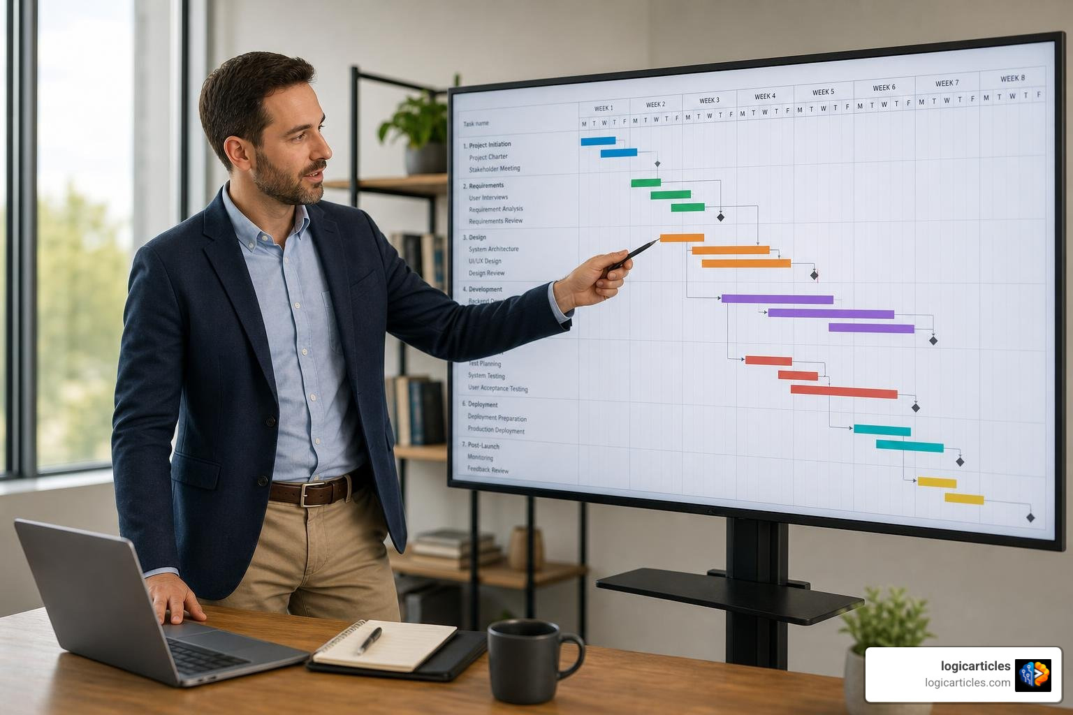 project manager viewing Gantt chart timeline