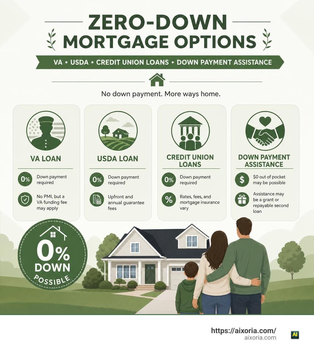 Zero-down mortgage options: VA, USDA, credit union loans, and down payment assistance infographic