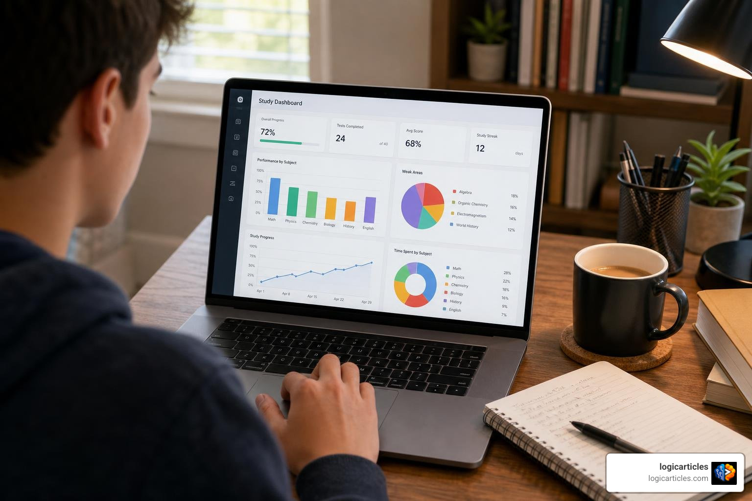 analytics dashboard showing weak areas and study progress