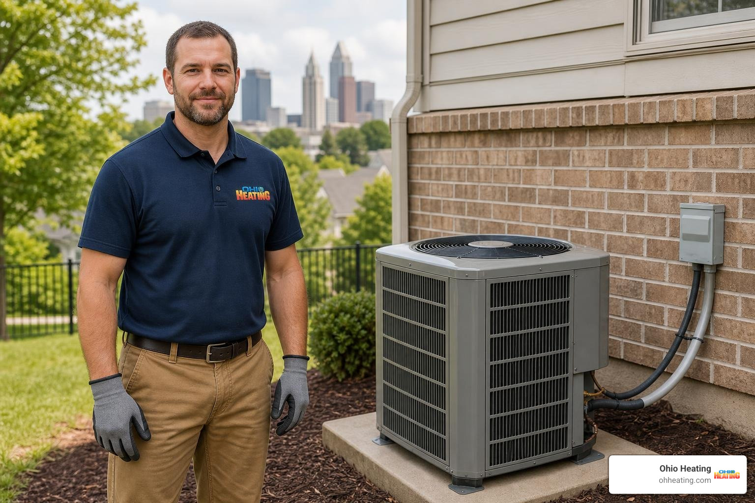 Professional HVAC technician standing beside a high quality air conditioning installation outside a Columbus Ohio home