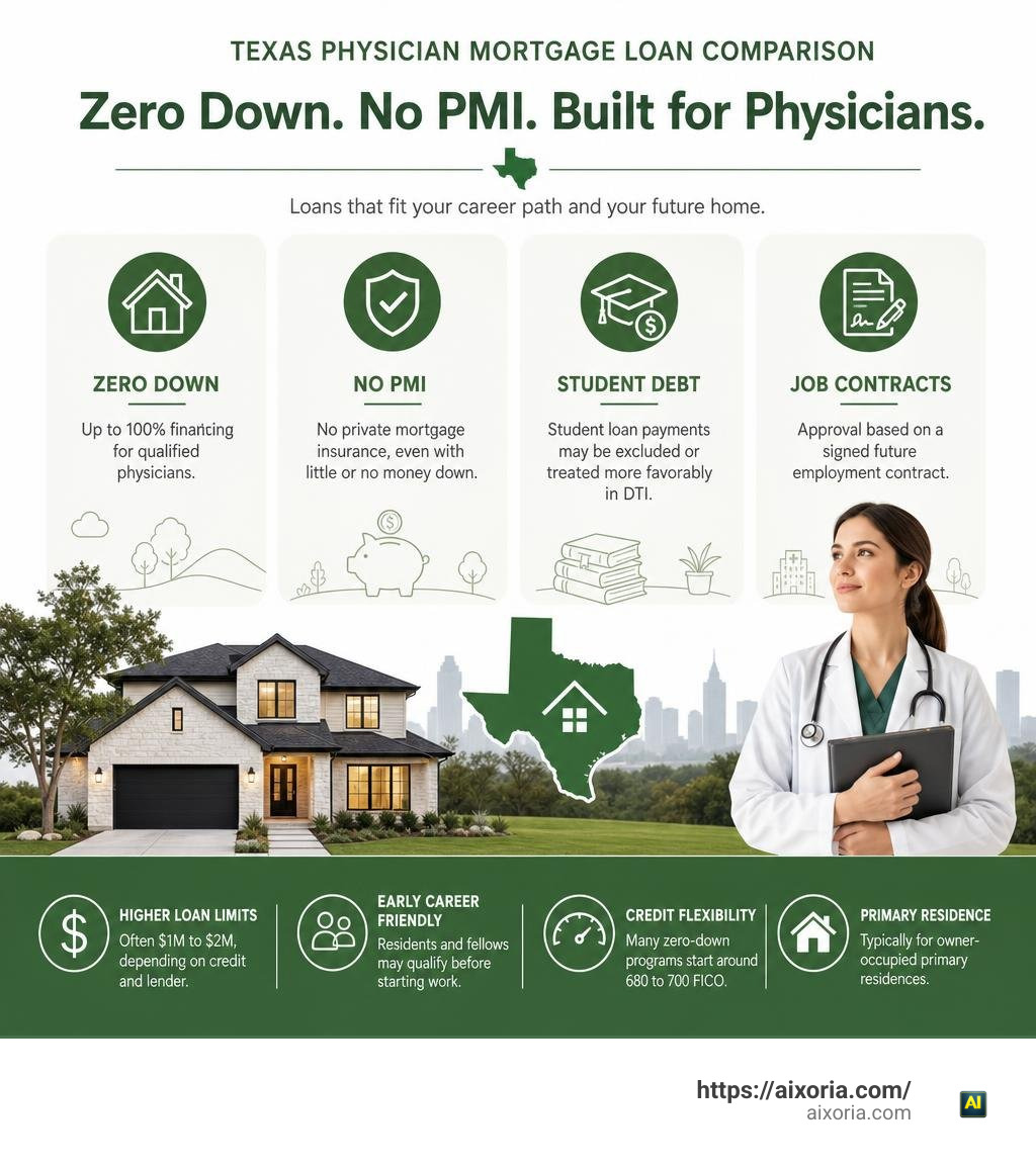 Texas physician mortgage loan comparison: zero down, no PMI, student debt, and job contracts infographic