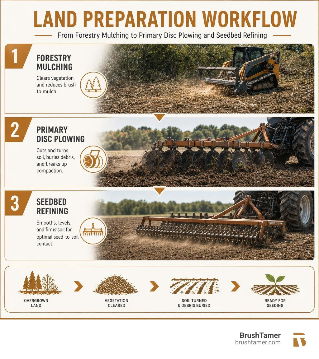Chart showing land preparation workflow from forestry mulching to primary disc plowing and seedbed refining infographic Chart showing land preparation workflow from forestry mulching to primary disc plowing and seedbed refining infographic