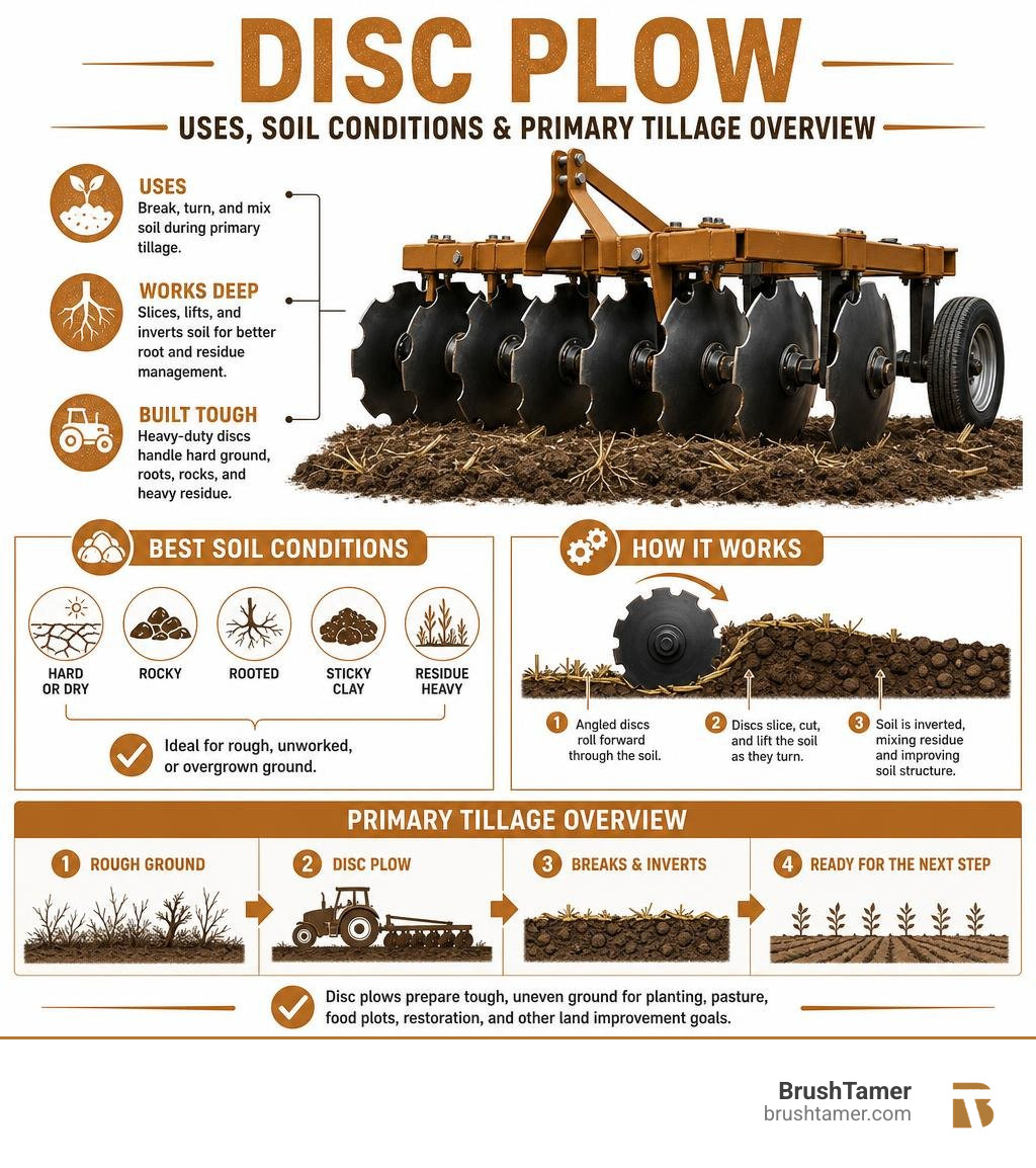 Disc plow uses, soil conditions, and primary tillage overview infographic Disc plow uses, soil conditions, and primary tillage overview infographic