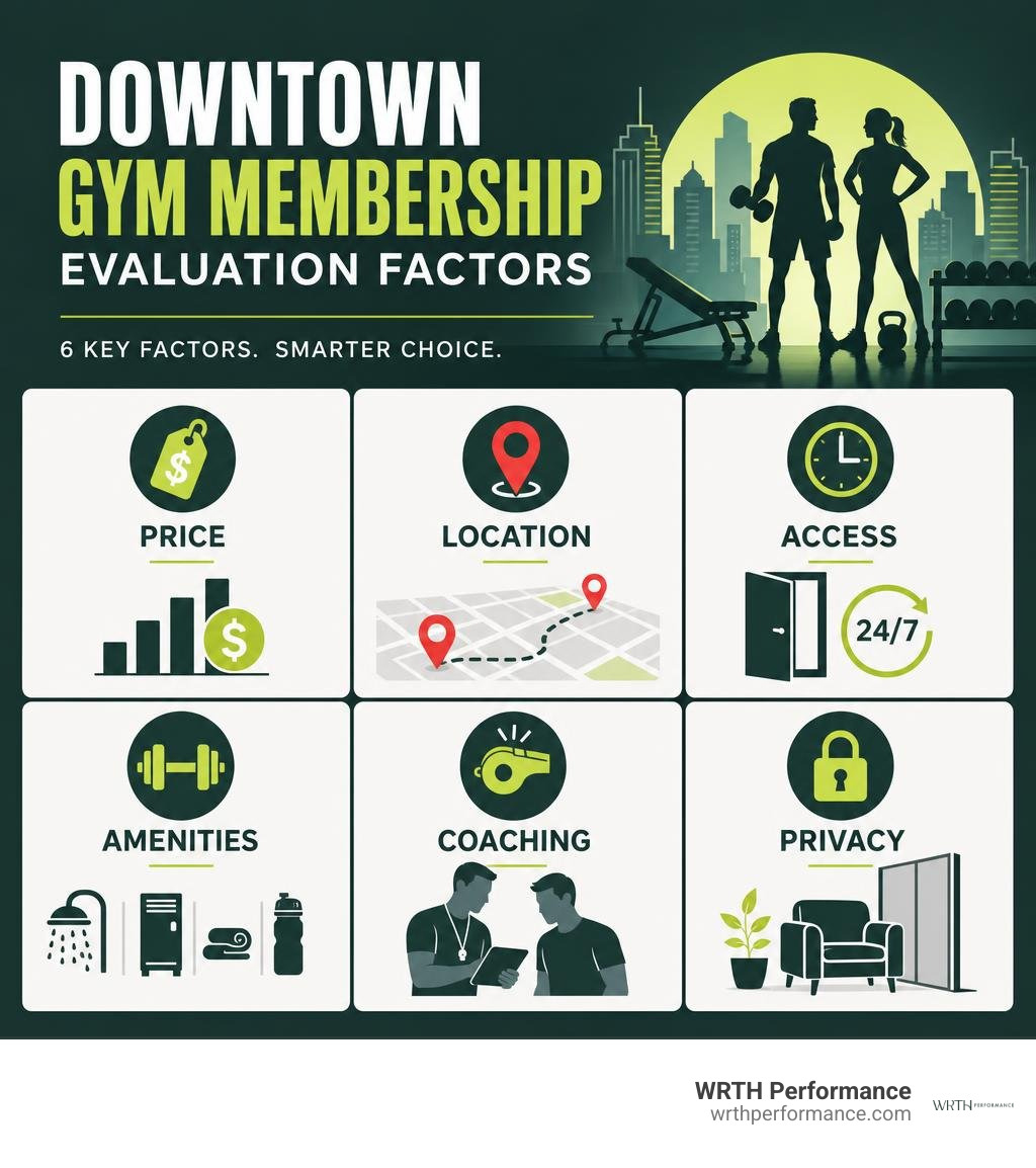Downtown gym membership evaluation factors: price, location, access, amenities, coaching, privacy infographic Downtown gym membership evaluation factors: price, location, access, amenities, coaching, privacy infographic