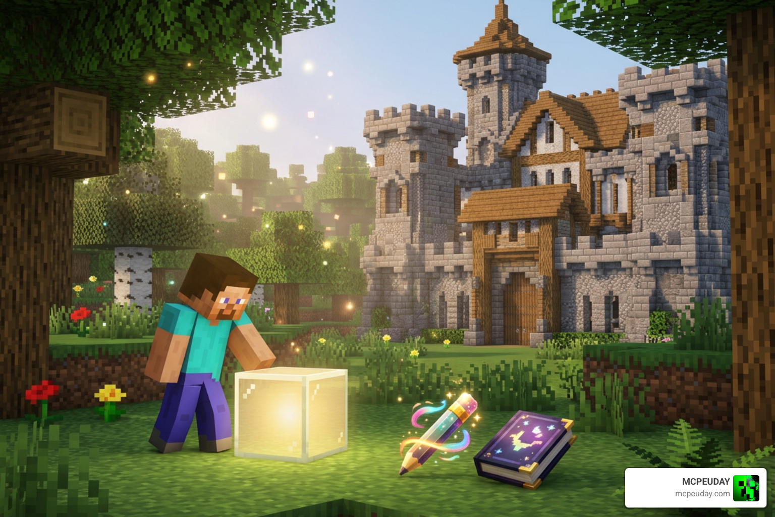 Player placing a memory jar near a Minecraft build landmark