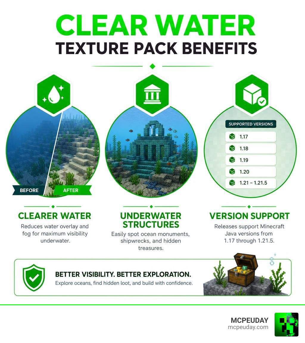 Clear Water Texture Pack benefits: clearer water, underwater structures, version support infographic Clear Water Texture Pack benefits: clearer water, underwater structures, version support infographic