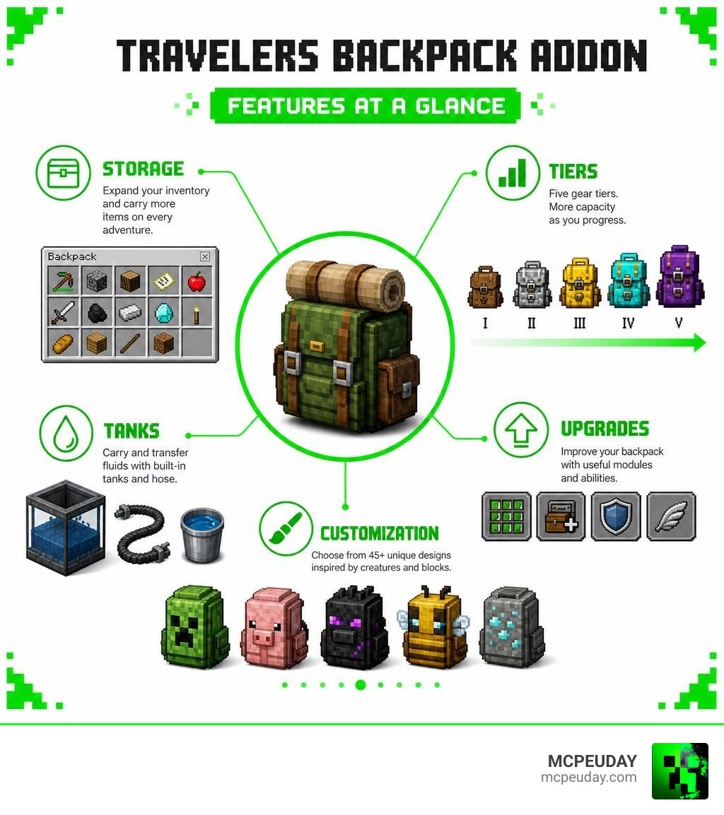 Travelers Backpack Addon features: storage, tiers, tanks, upgrades, customization infographic Travelers Backpack Addon features: storage, tiers, tanks, upgrades, customization infographic