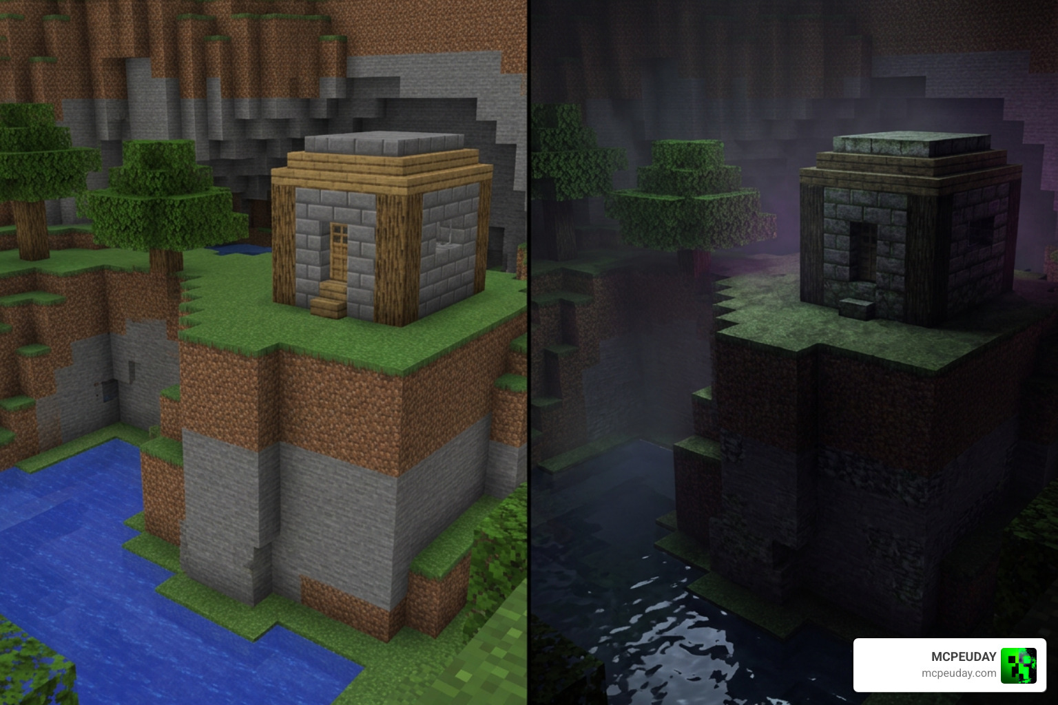 Comparison between standard vanilla graphics and dark fantasy visual style Comparison between standard vanilla graphics and dark fantasy visual style