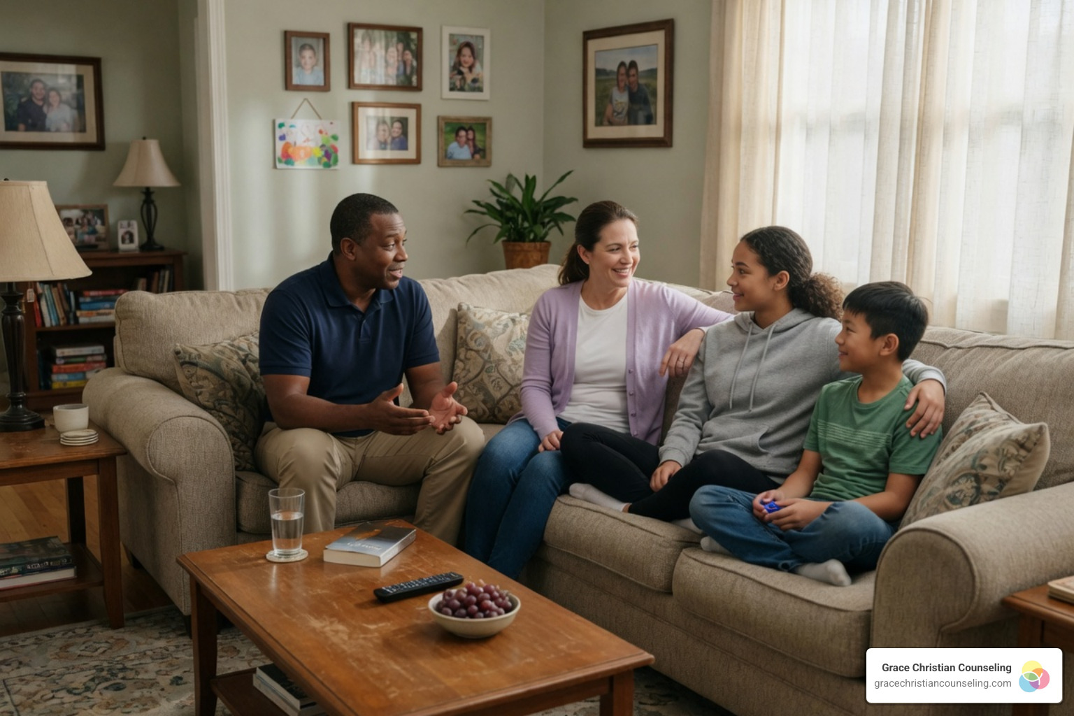 A family sitting together on a couch talking and healing A family sitting together on a couch talking and healing