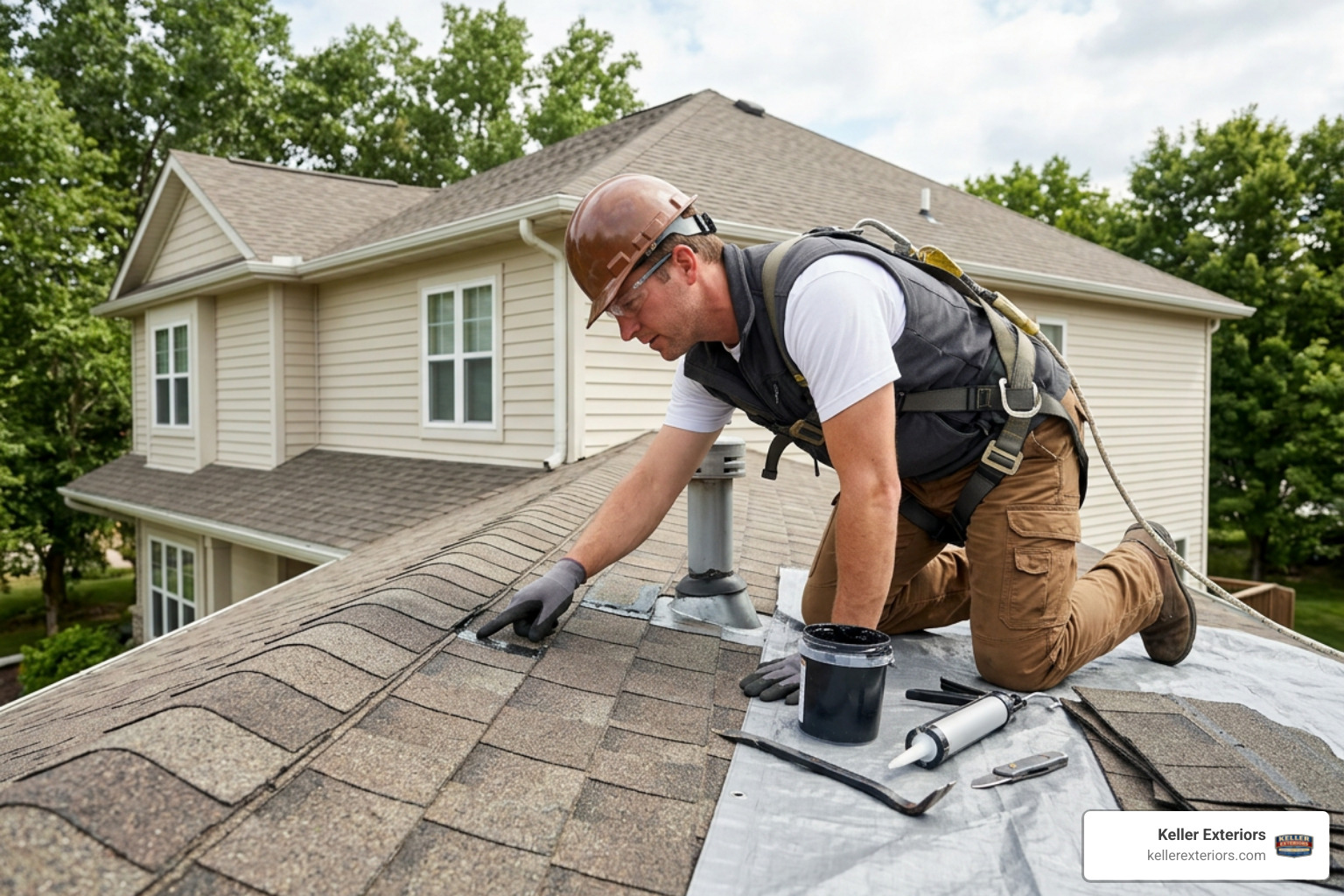 Professional inspecting a residential roof for leaks and damage