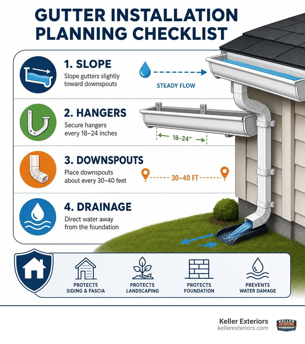 Gutter installation planning checklist: slope, hangers, downspouts, and drainage infographic Gutter installation planning checklist: slope, hangers, downspouts, and drainage infographic