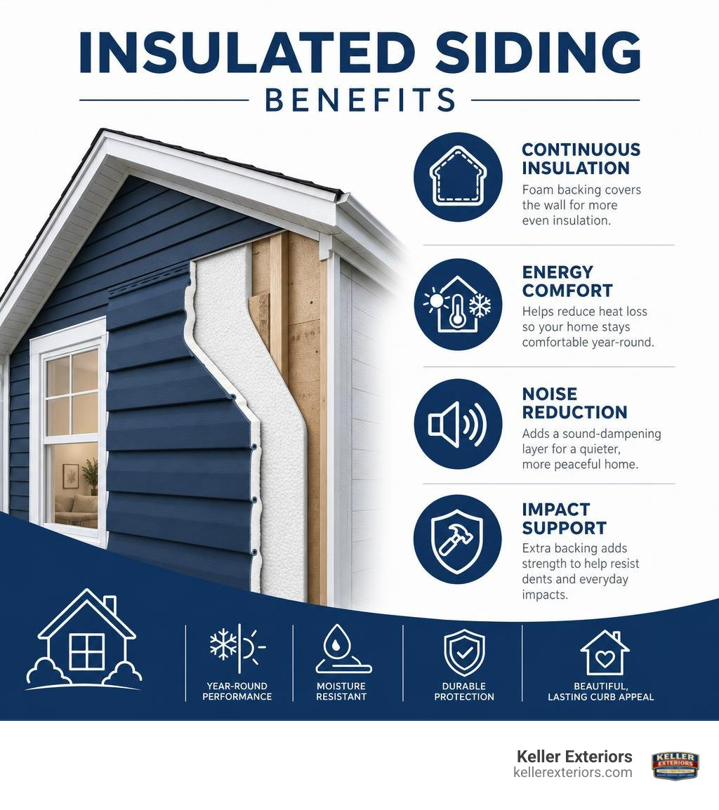 Insulated siding benefits: continuous insulation, energy comfort, noise reduction, impact support infographic