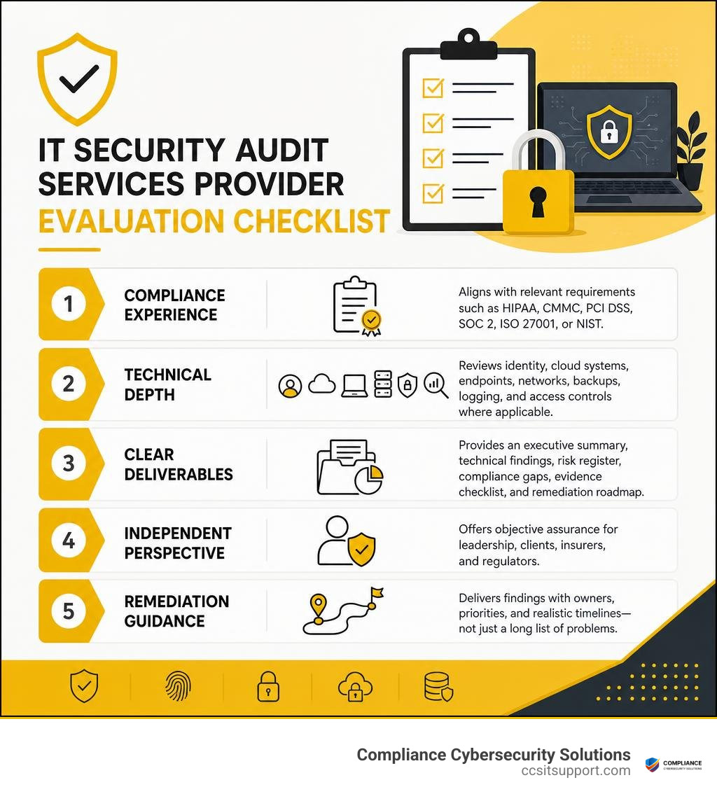 IT security audit services provider evaluation checklist infographic