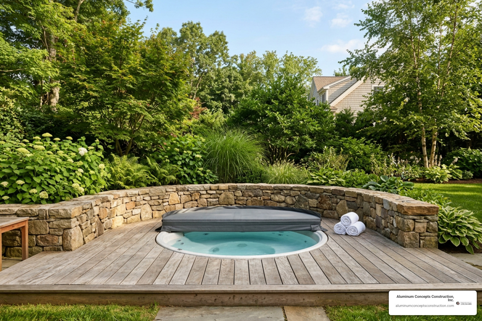 sunken hot tub with patio wall privacy