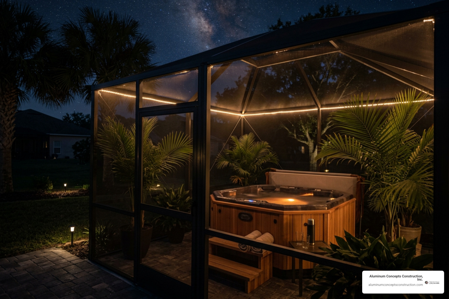 illuminated hot tub screen enclosure at night in backyard
