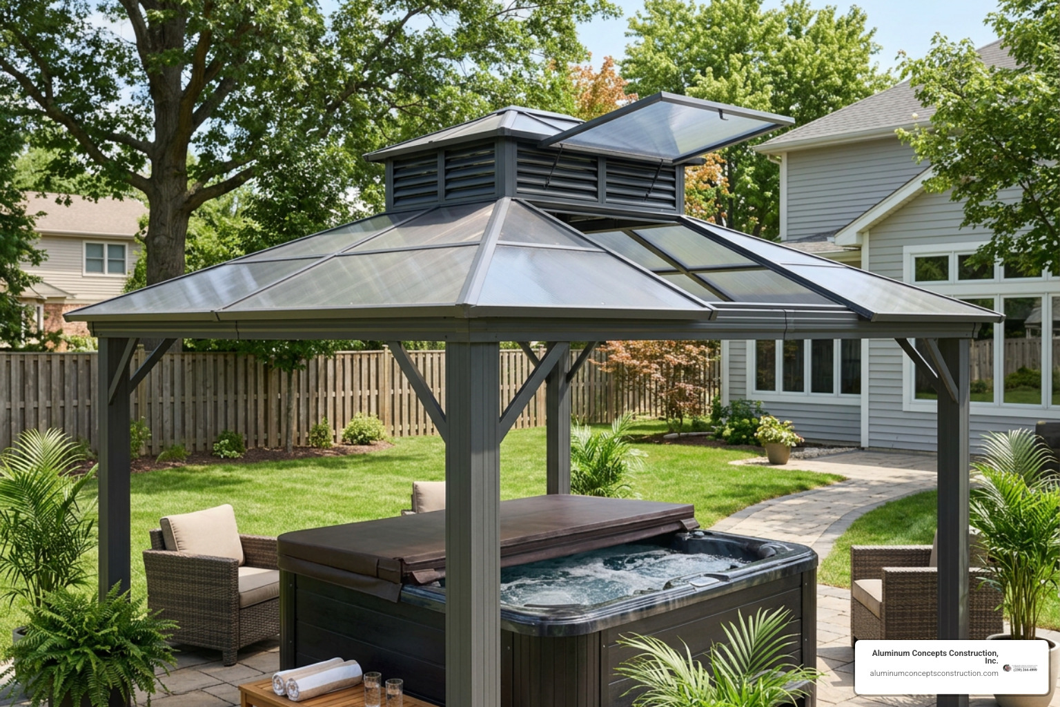 ventilated hot tub gazebo roof with skylight detail