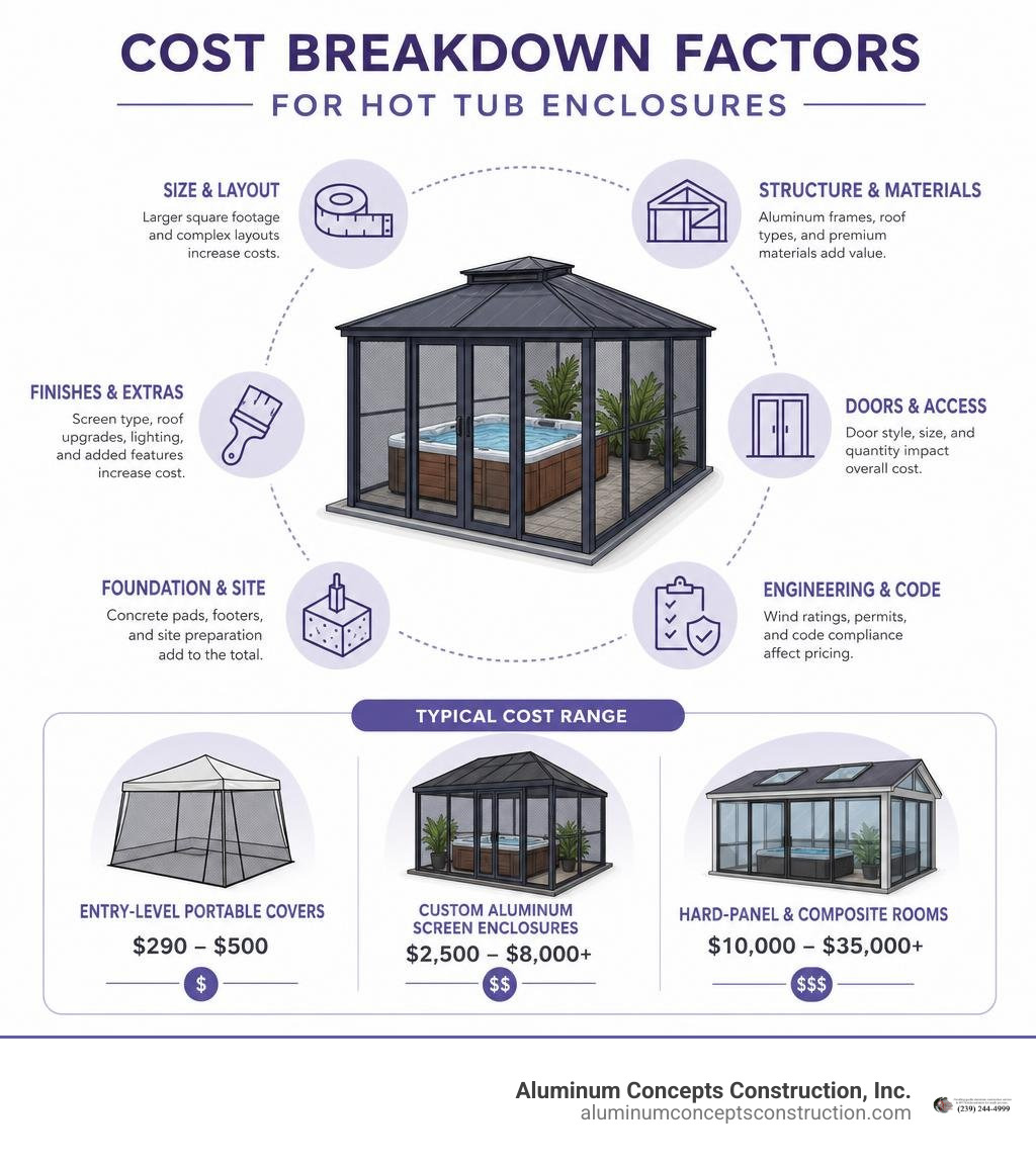 Cost breakdown factors for hot tub enclosures infographic