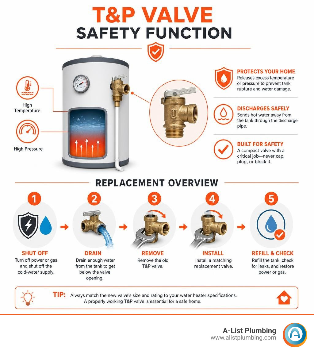 T&P valve safety function and replacement overview infographic